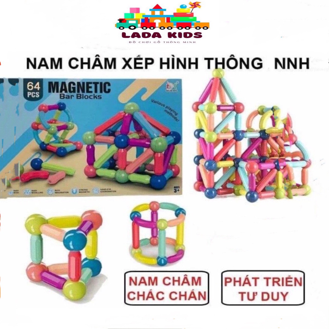 Bộ xếp hình nam châm - Đồ chơi nam châm xếp hình thông minh cho bé hàng loại 1 64 chi tiết