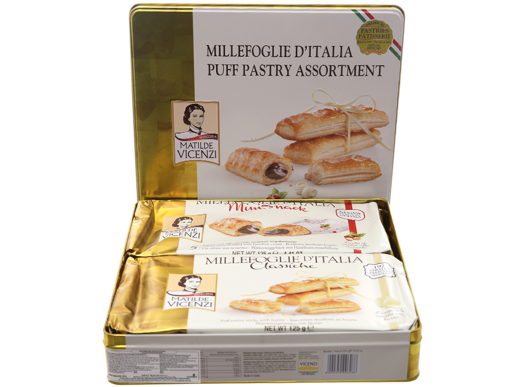 Bánh Puff Pastry cuộn kem hạt dẻ Millefoglie D'italia Vicenzi hộp thiếc 250g