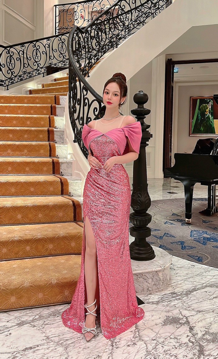 Đầm dạ hội kim sa rớt vai - yb221130