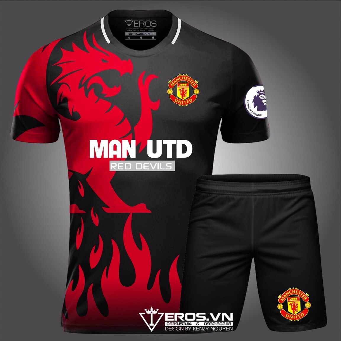 Bộ quần áo đá bóng MU Đen Rồng Đỏ thiết kế lạ Eros T10