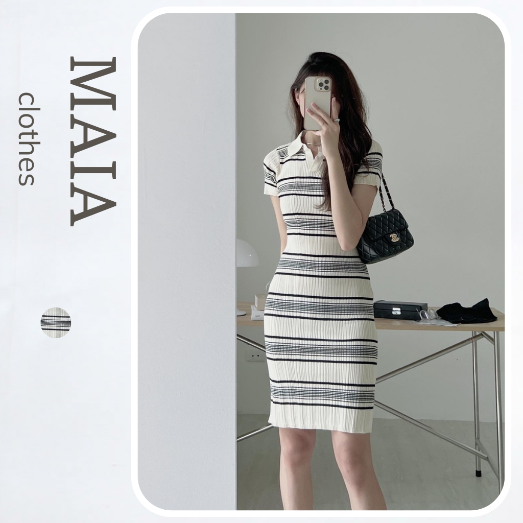 Váy len tăm cổ bẻ họa tiết kẻ ngang ôm body ngắn tay Maia.clothes