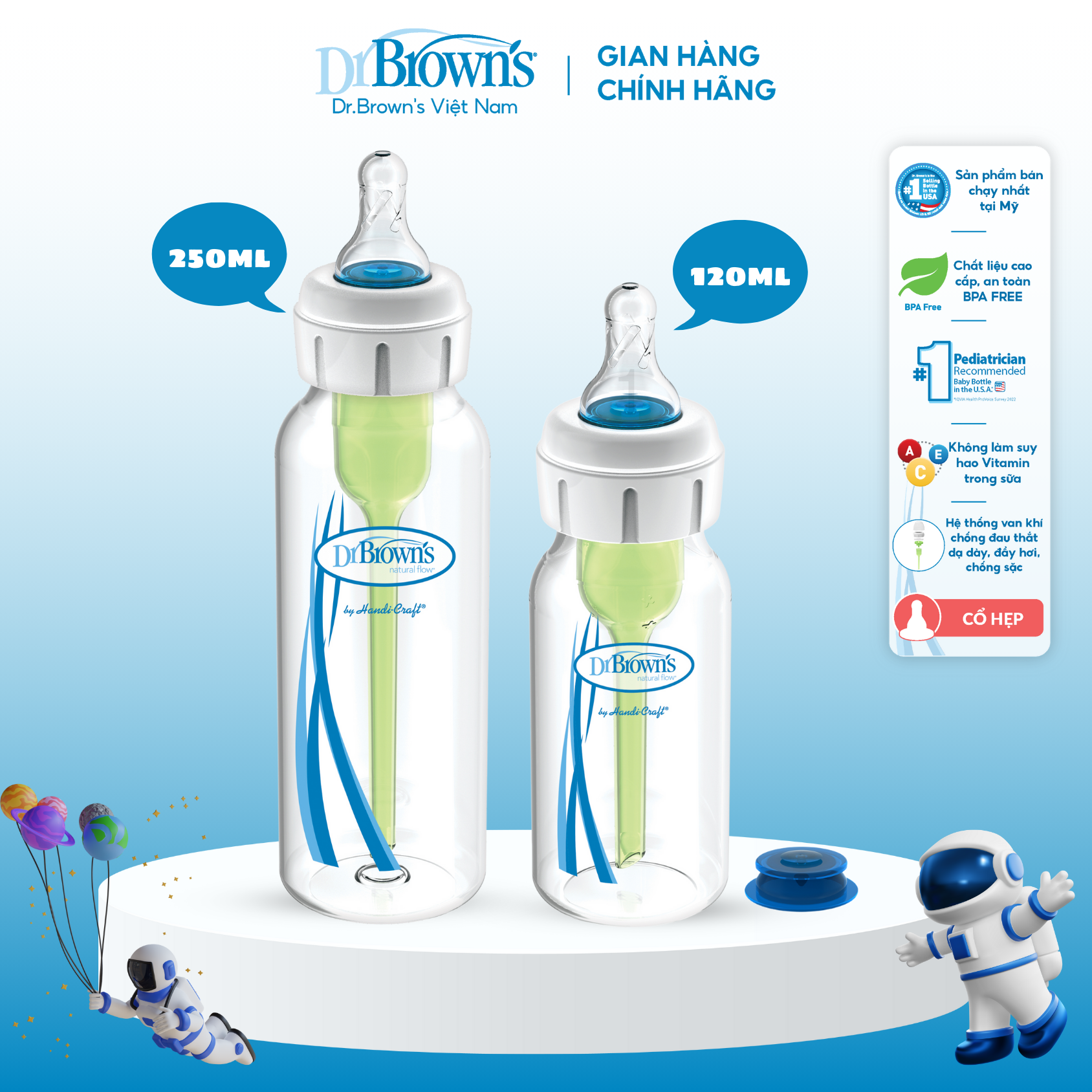 Bình sữa Dr Brown's 120ml và 250ml dành cho trẻ bú yếu, hở hàm ếch