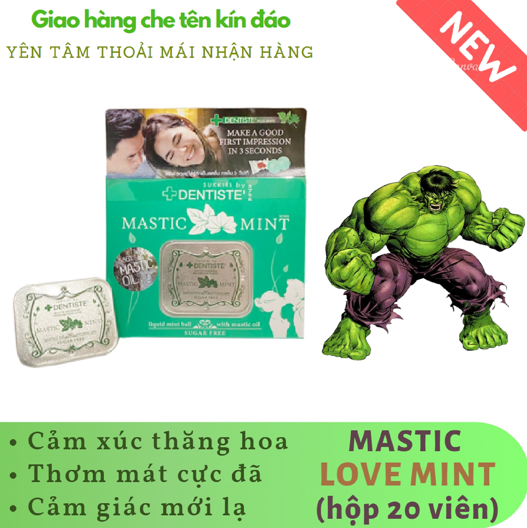 Kẹo DENTISTE MASTIC LOVE MINT Thái Lan cao cấp hương bạc hà the mát (hộp 20 viên) - hàng chính hãng