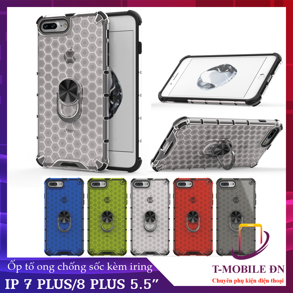 Ốp lưng dành cho iPhone 7 Plus 8 Plus chống sốc họa tiết tổ ong kèm nhẫn iring làm giá đỡ chống xem video