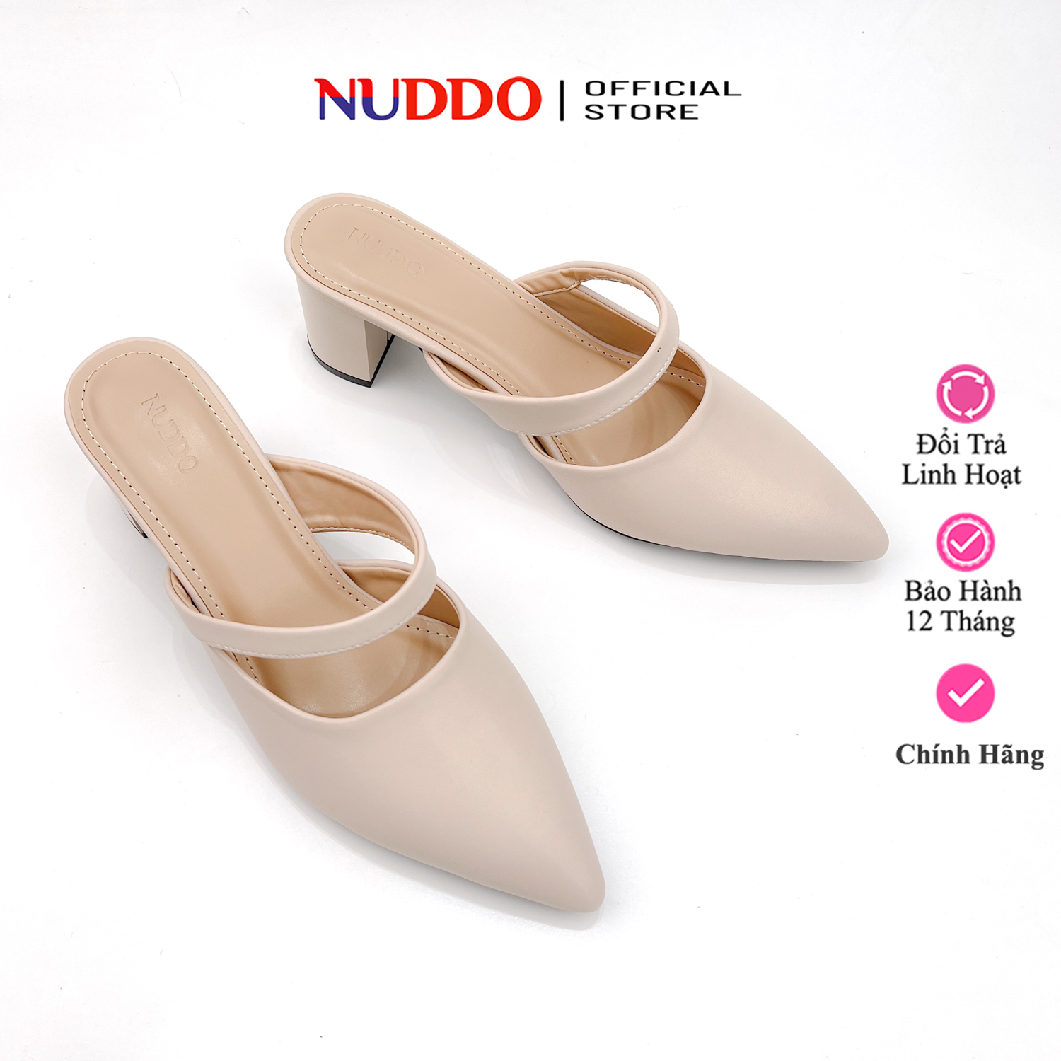 Giày sục nữ mũi nhọn da thật basic thanh lịch, dép guốc nữ đế vuông 5 phân thời trang nuddo n060v