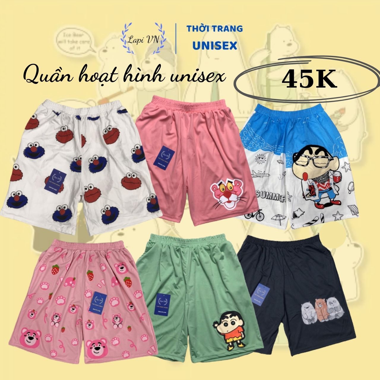 Quần Short Lửng Cartoon Thú Unisex (Nhiều mẫu)-Lapi VN ,FREESIZE đến 65kg, Chất Thun Cotton Co Dãn 4 chiều, Nam nữ đều mặc được