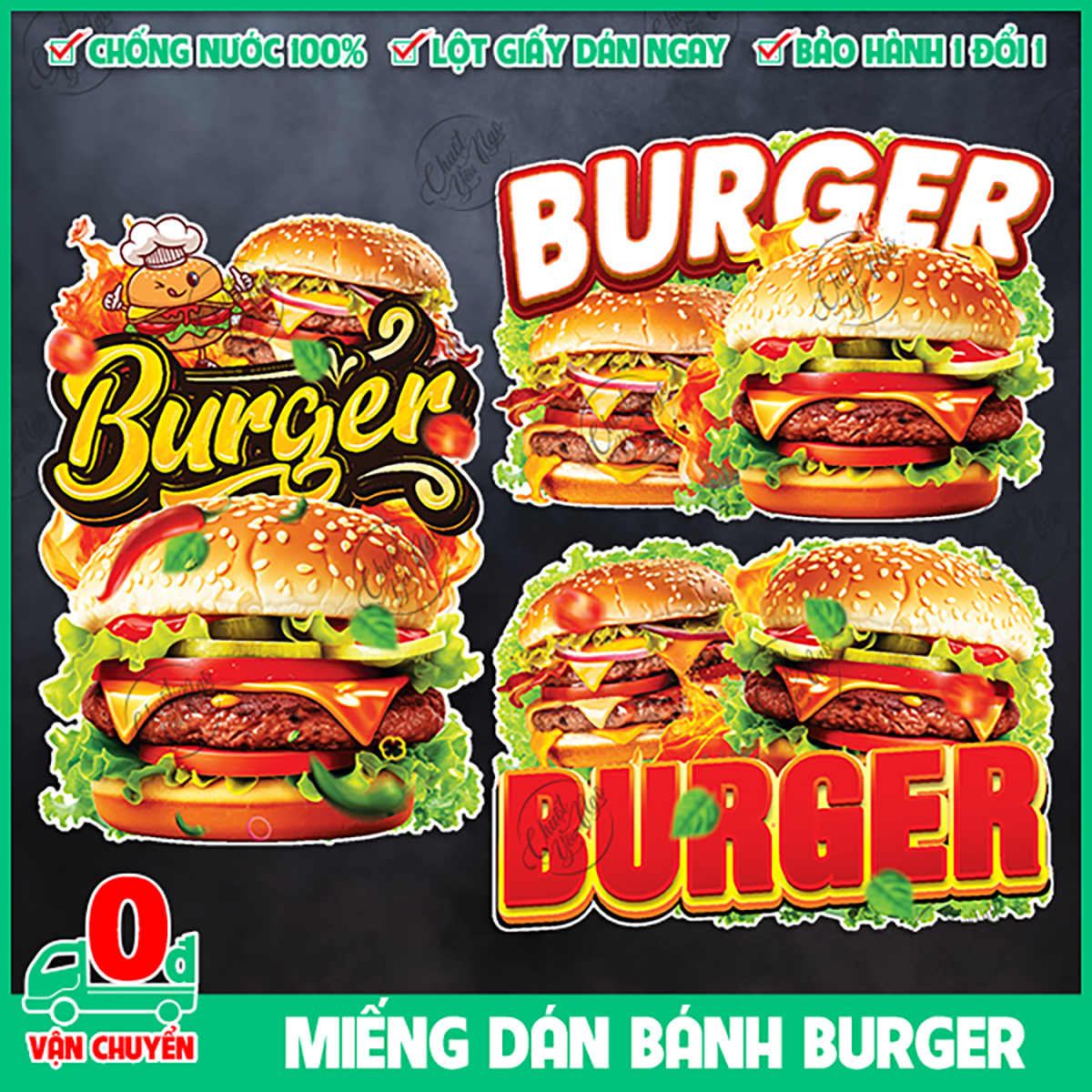 Miếng dán bánh BURGER sticker trang trí xe đẩy dán tường decal trang trí quán ăn vặt bánh mì kẹp thịt hamburger