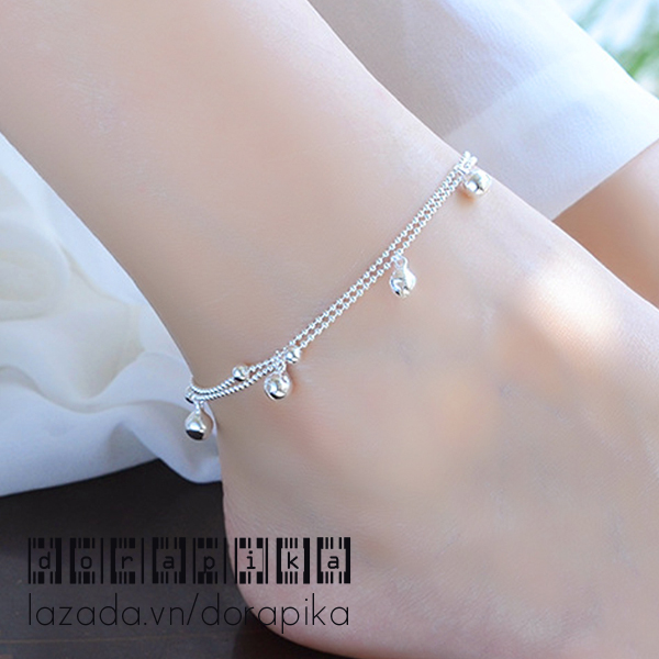 Lắc chân nữ chuông lục lạc kiểu dây đôi hạt bi nhỏ xi bạc 925 trắng sáng style hàn quốc