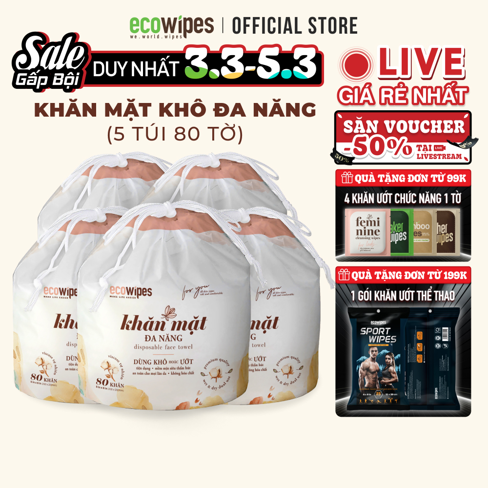 Combo 05 khăn lau mặt khô EcoWipes cuộn 80 tờ size khăn 20x20cm dùng 1 lần lau khô lau ướt giấy lau mặt dùng một lần