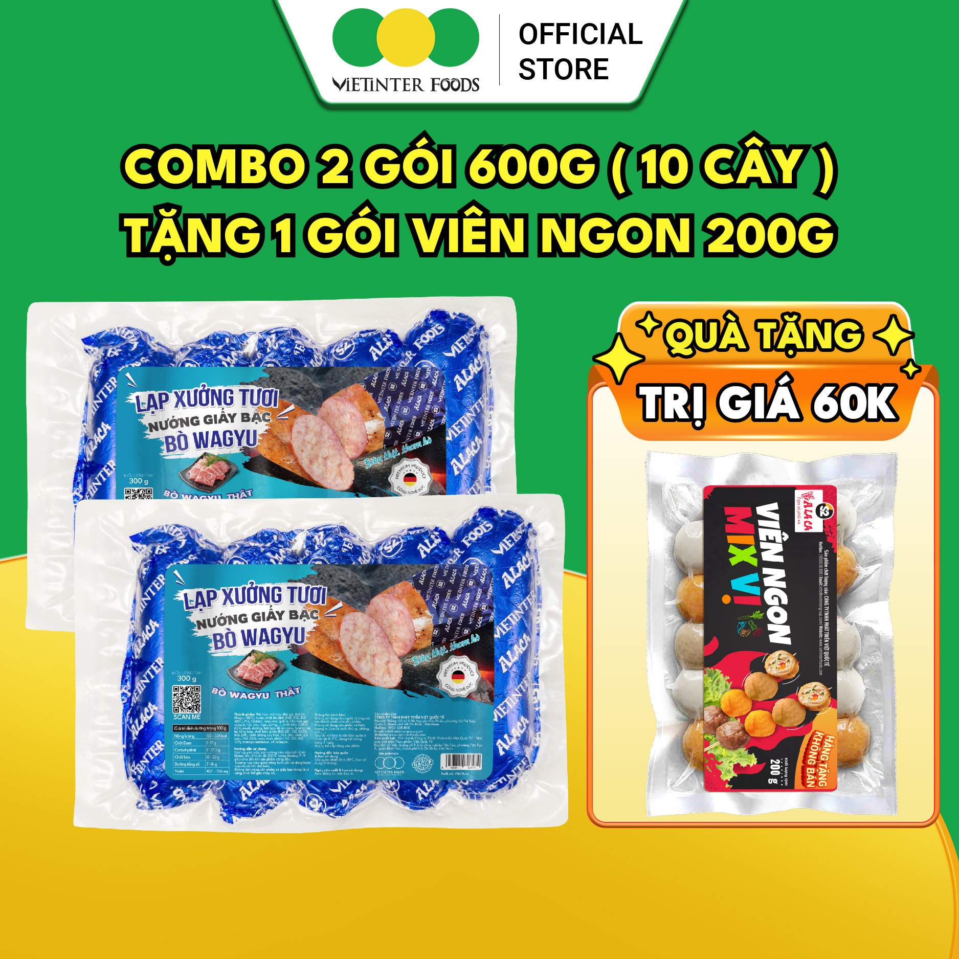 Lạp Xưởng Tươi Nướng Giấy Bạc Nướng Đá S2 Vietinter Foods Lõi Có Nhân Gói 300g