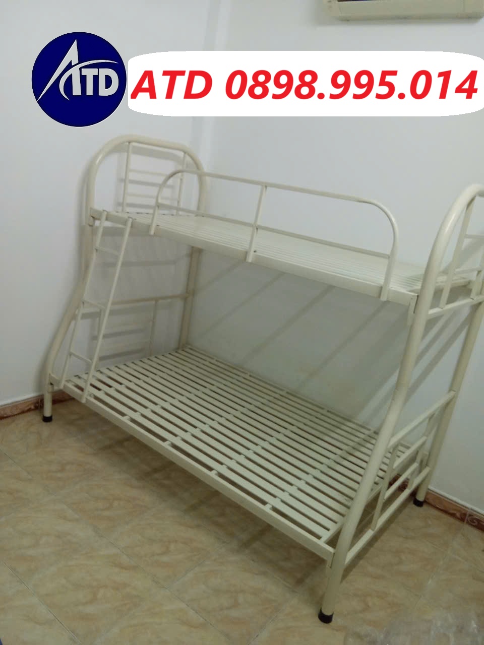 Giường tầng đẹp bằng sắt màu kem + giường ngủ 2 tầng cho sinh viên công nhân thuê trọ giá rẻ lắp ráp nhanh