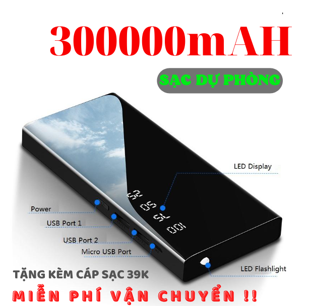 Pin dự phòng mặt gương dung lượng lớn - pin sạc dự phòng có 2 cổng ra, đèn led - cục sạc dự phòng giá rẻ