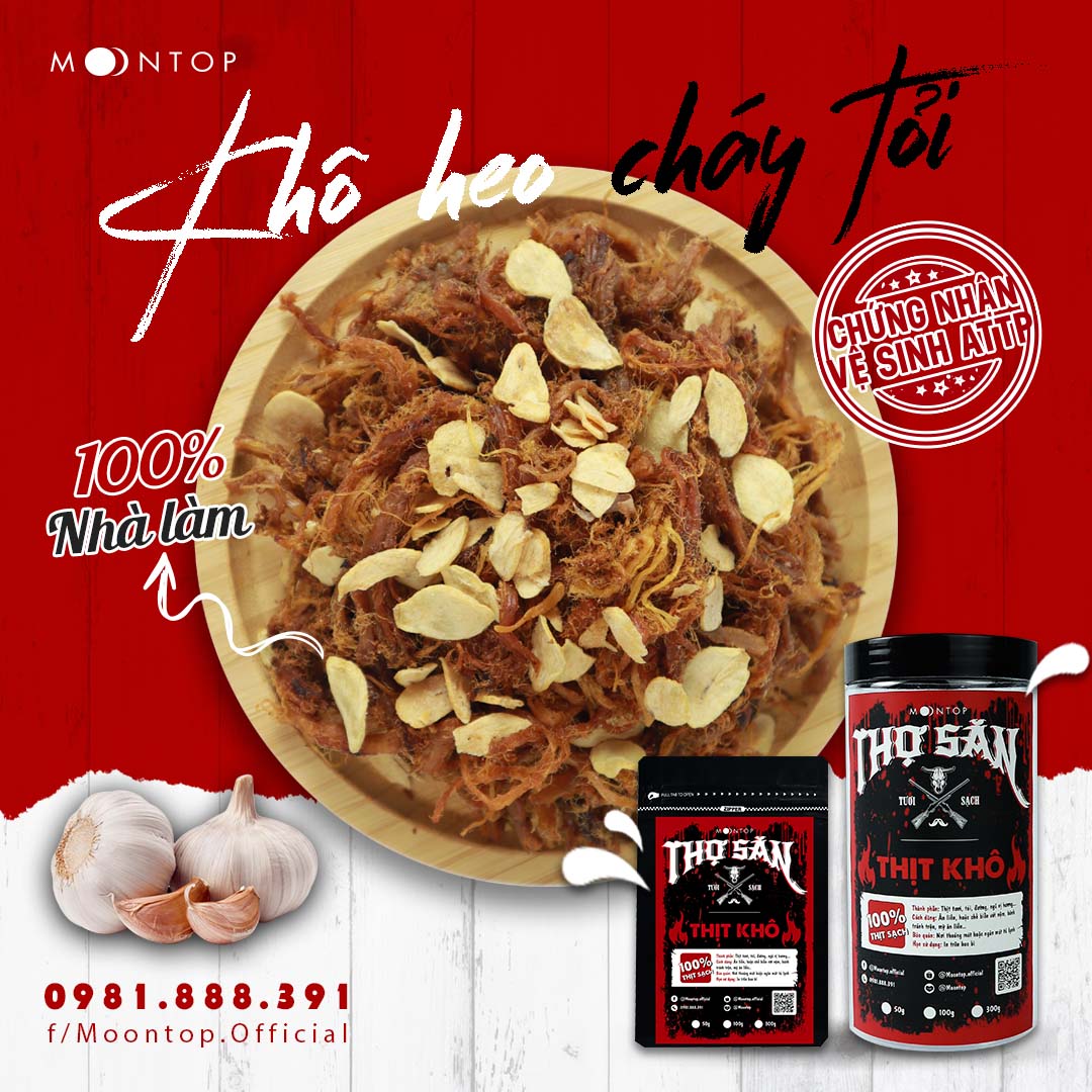 Khô heo cháy tỏi thợ săn - thịt khô homemade moontop