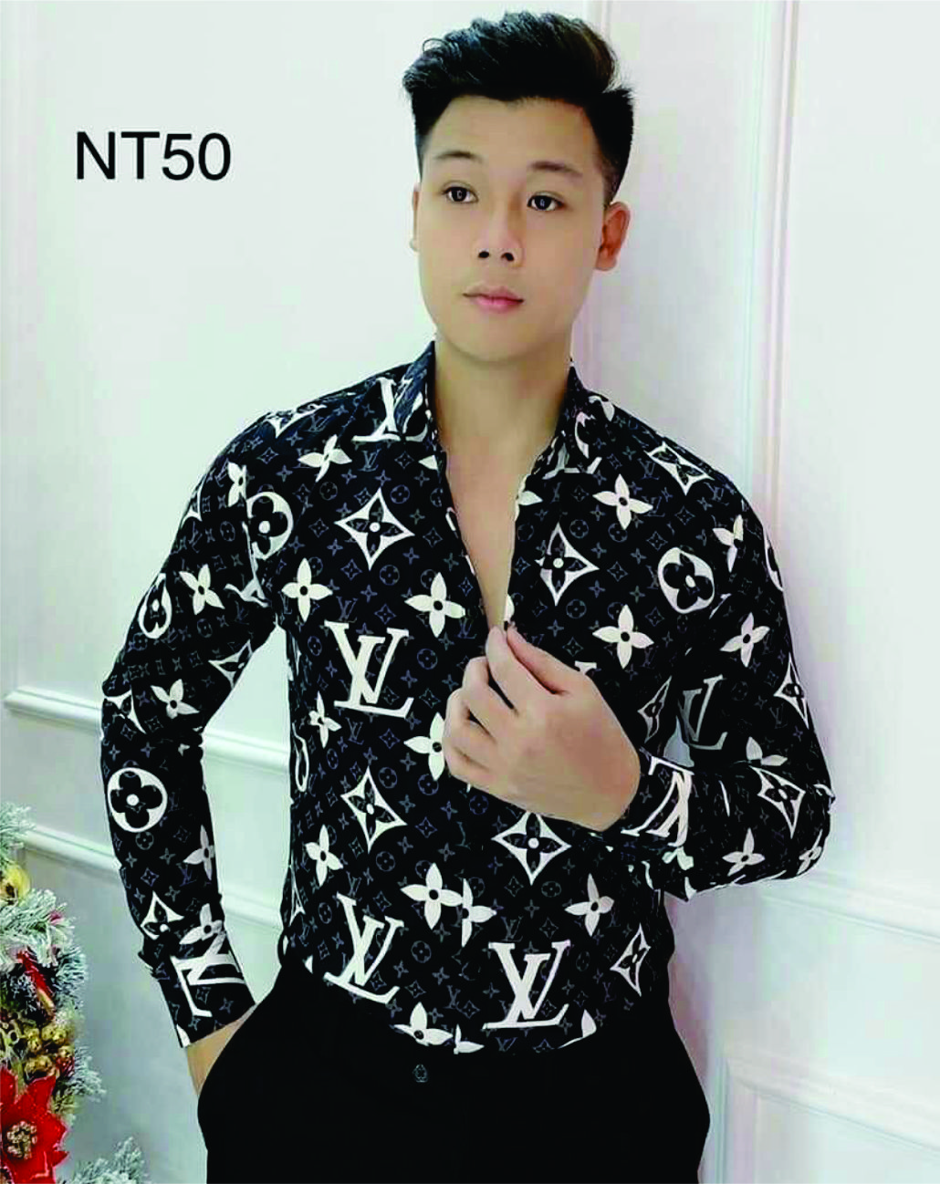 Áo sơ mi nam họa tiết in LV phong cách hàn quốc vải lụa mịn chông nhăn mẫu mới nhất form đẹp cao cấp MINFASHION