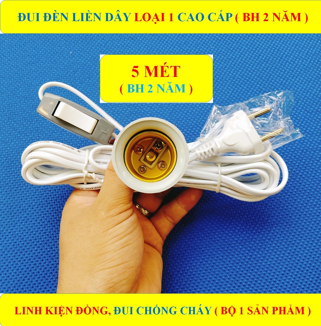 Đui đèn, đuôi đèn liền dây 5 MÉT + 1 CÔNG TẮC  đui E27 CHỐNG CHÁY LOẠI 1 cao cấp (bộ 1 sản phẩm)