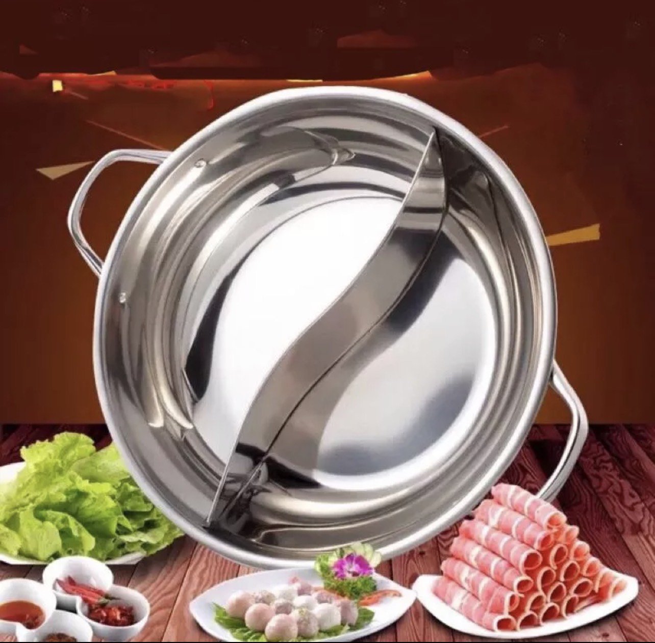 Nồi lẩu inox 2 ngăn 30 cm dùng được cả bếp từ bếp ga, bộ kèm vung kính