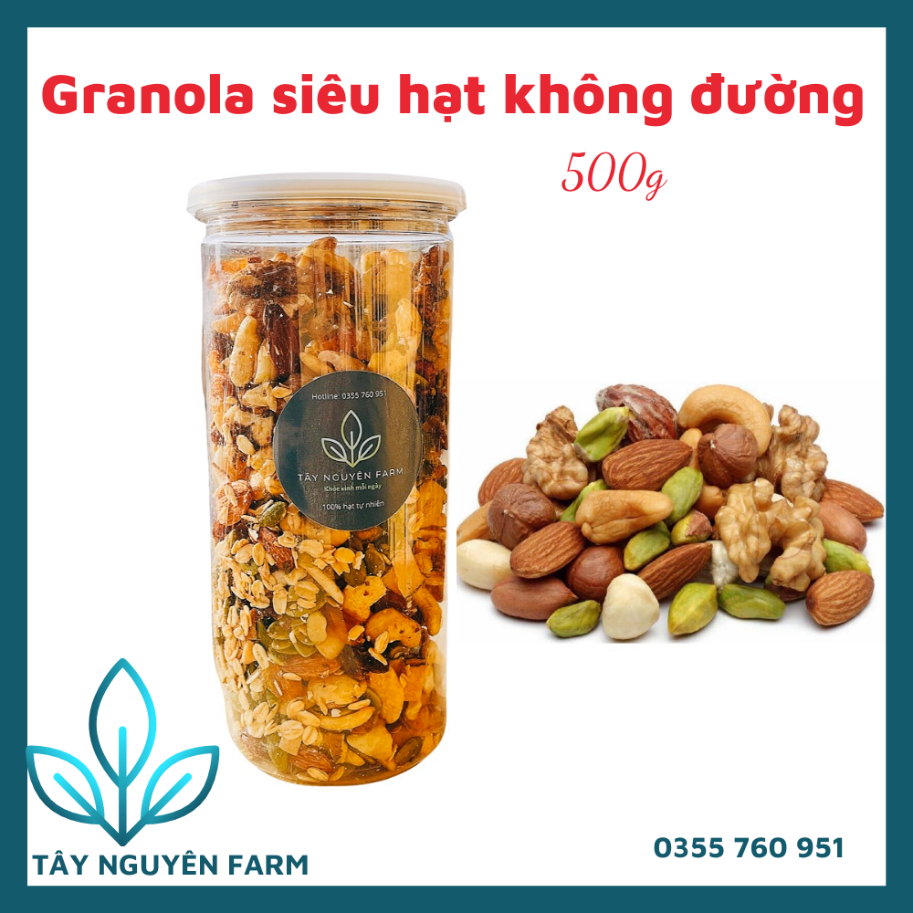 (500g)GRANOLA SIÊU HẠT KHÔNG ĐƯỜNG NƯỚNG MẬT ONG, TÂY NGUYÊN FARMS, 500G (ĂN VẶT, ĂN KIÊNG, TỐT CHO MỌI LỨA TUỔI - TRẺ EM - BÀ BẦU, NGŨ CỐC TĂNG CÂN - GIẢM CÂN)