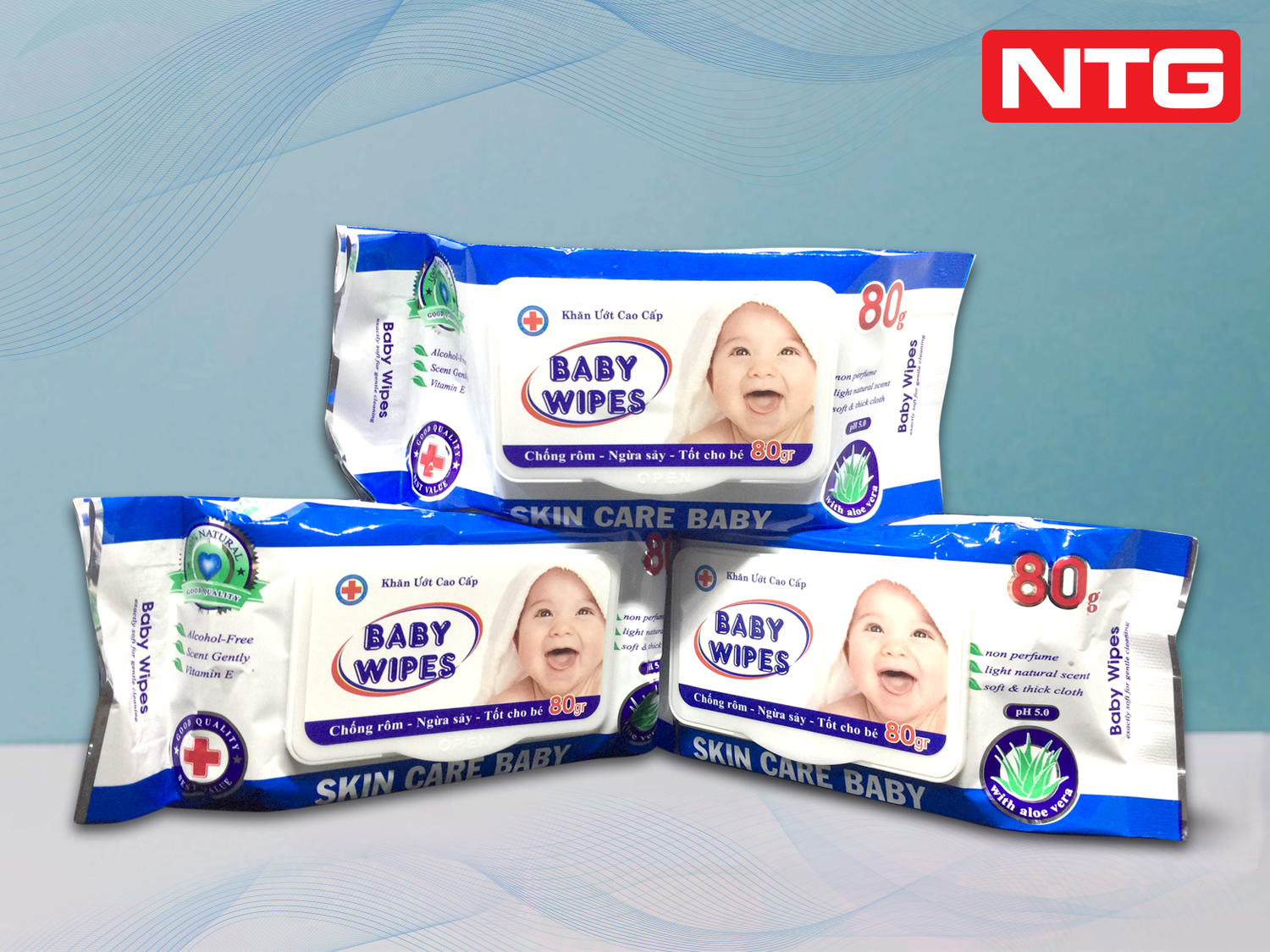 Combo 10 gói khăn ướt 80gr, Baby Wipes XANH, không mùi, giá tiết kiệm