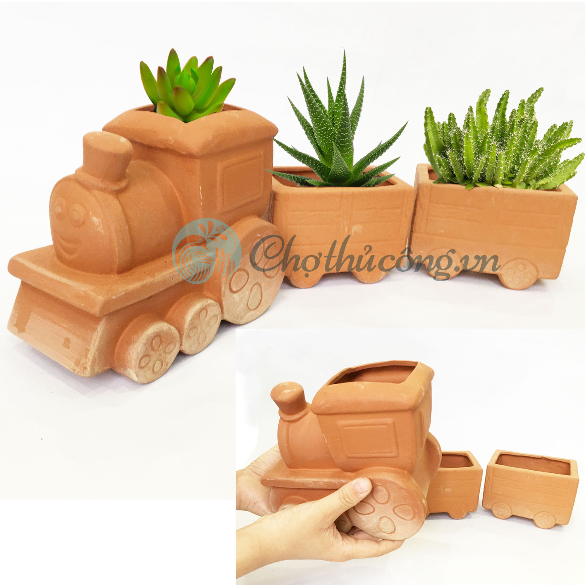 Bộ Chậu đất nung Đoàn Tàu Lửa vintage chậu có lỗ trồng bonsai cây cảnh sen đá trang trí sân vườn
