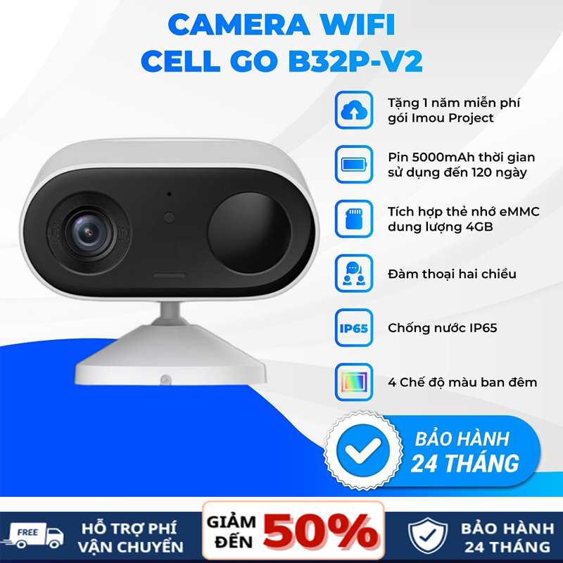 Camera ip wifi, camera giám sát, camera wi-fi imou cell go ipc-b32p-v2 3mp dùng pin hoàn toàn không dây, độ phân giải 2304*1296, cho phép đàm thoại 2 chiều, đạt chuẩn bảo về ip65, tích hợp cảm biến pir