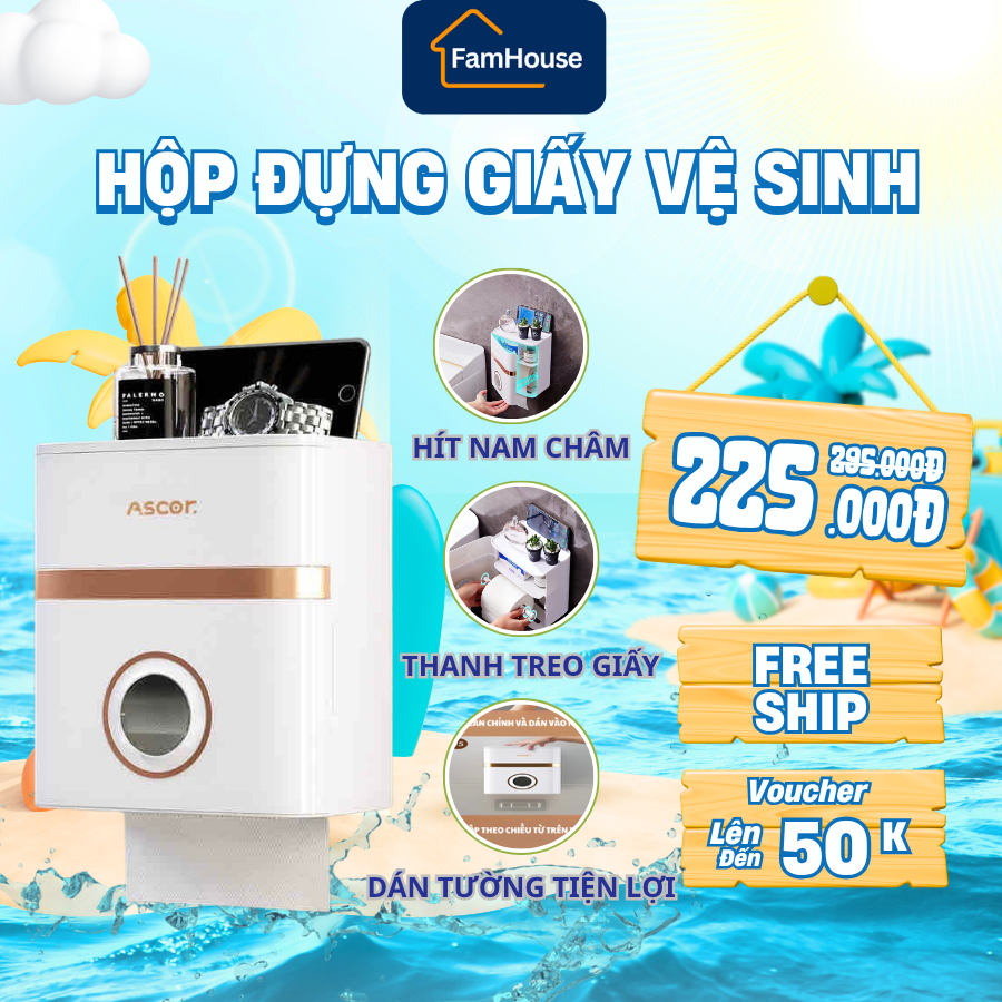 Hộp đựng giấy vệ sinh dán tường cao cấp, hộp bỏ giấy vệ sinh nhà tắm có thanh treo giấy kèm 2 miếng dán