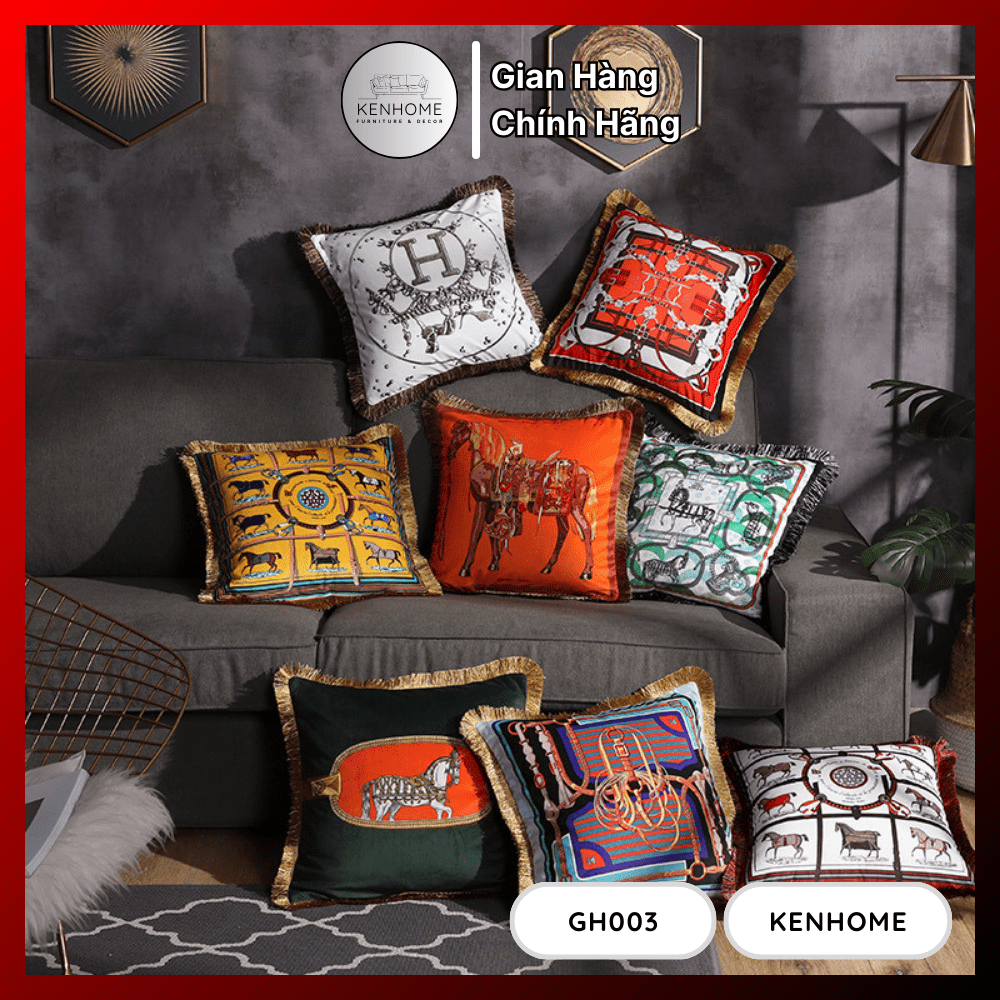 Gối Tựa Lưng Sofa Họa Tiết Her.mes - KENHOME - Gối Tựa Sofa Cao Cấp Decor Phòng Khách Sang Trọng - Chất Vải Nhung Ý - Kích Thước 45x45cm