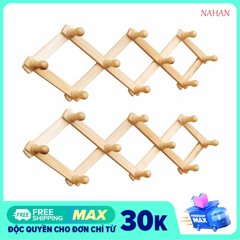 [HCM]Móc Gỗ Treo Quần Áo - Móc Xếp Treo Tường Có 10 Núm Treo Kích thước sử dụng từ 50cm đến 70cm.