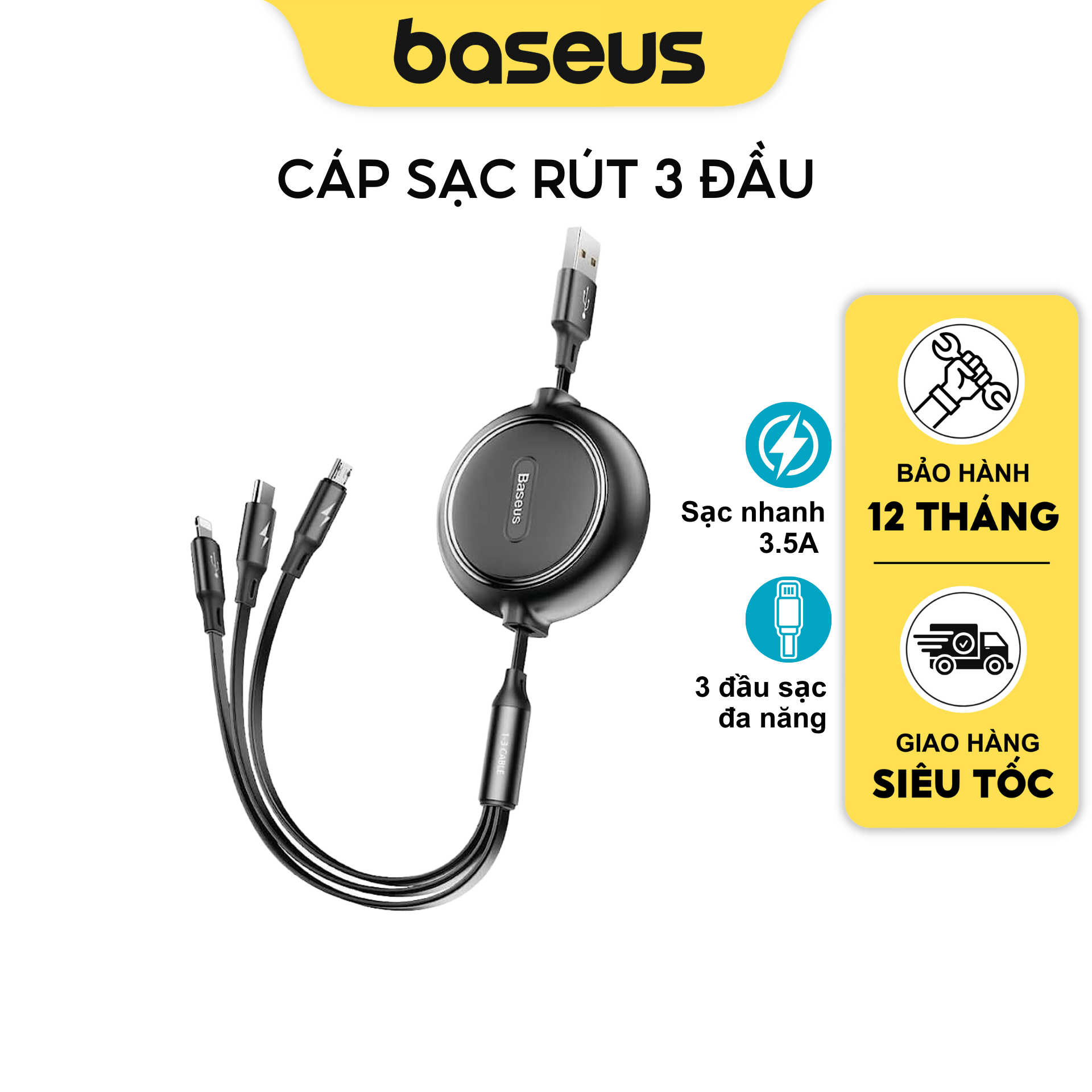 Cáp sạc dây rút 3 đầu Baseus Golden Loop 3 in 1 Elastic