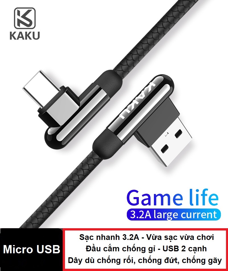 [HCM]Cáp sạc micro usb chơi game KAKU - Sạc nhanh 3.2A - Dây dù chống đứt gãy - USB 2 cạnh - Cáp sạc chơi game Micro USB Cáp sạc nhanh chơi game cho smart phone android Cáp sạc vuông góc