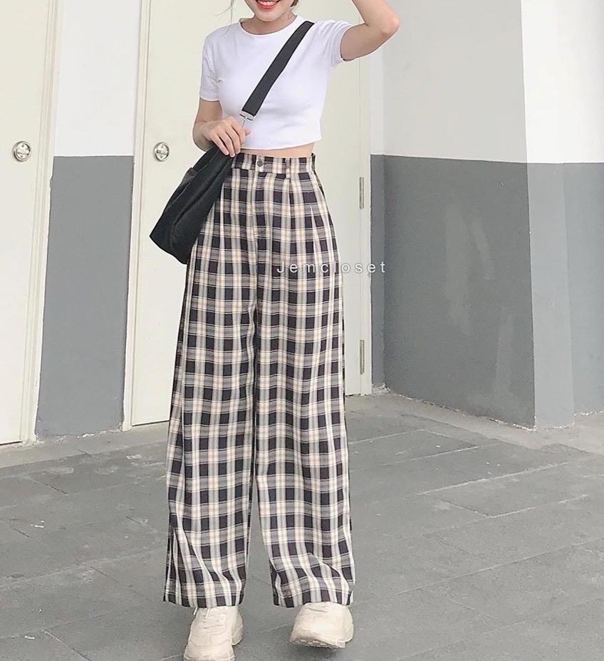 SET BỘ ÁO CRT TRẮNG VÀ QUẦN KẺ CARO SUÔNG ỐNG RỘNG CẠP CAO TÔN DÁNG J76