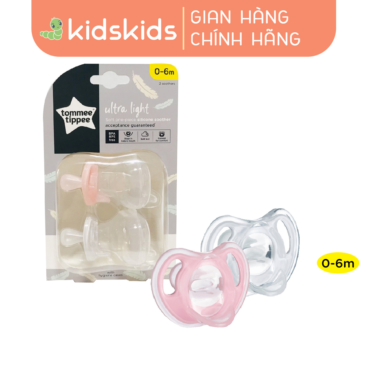 Ty ngậm silicon siêu nhẹ cho bé Tommee Tippee Ultra Light 0-6 tháng (vỉ đôi) - Hồng/Trắng