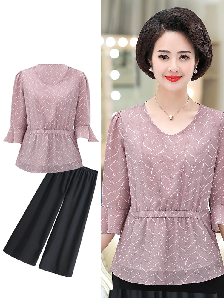 Mẹ Mùa Hè Quần Áo Ngoại Quốc Ông Già 40-50 Tuổi Bộ Đồ Hai Mảnh Mới Trung Niên Và Người Cao Tuổi Áo Thun Ngắn Tay Nữ Hàng Đầu