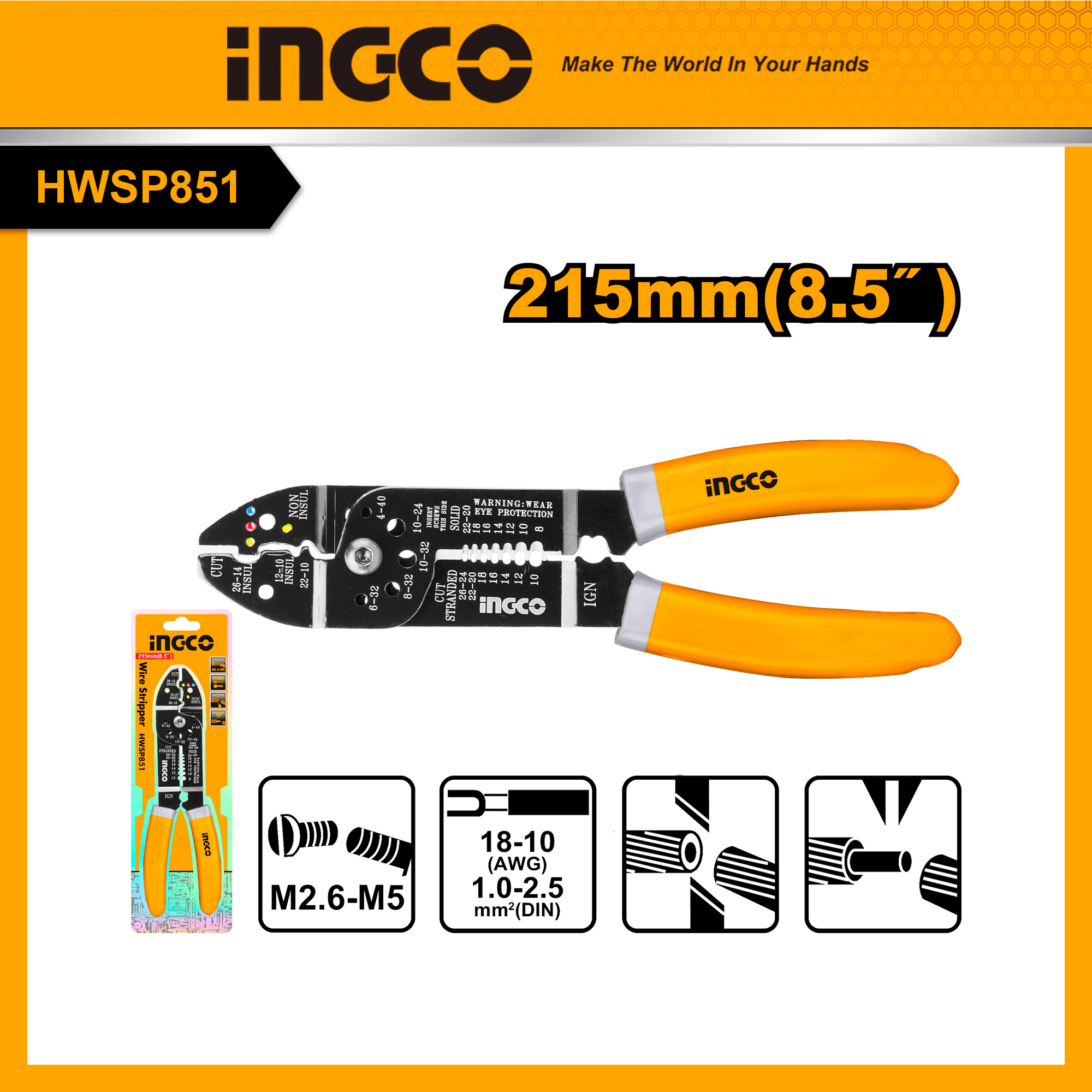 Ingco kìm tuốt dây điện đa năng 8.5"/215mm kìm cắt kìm đa năng hwsp851