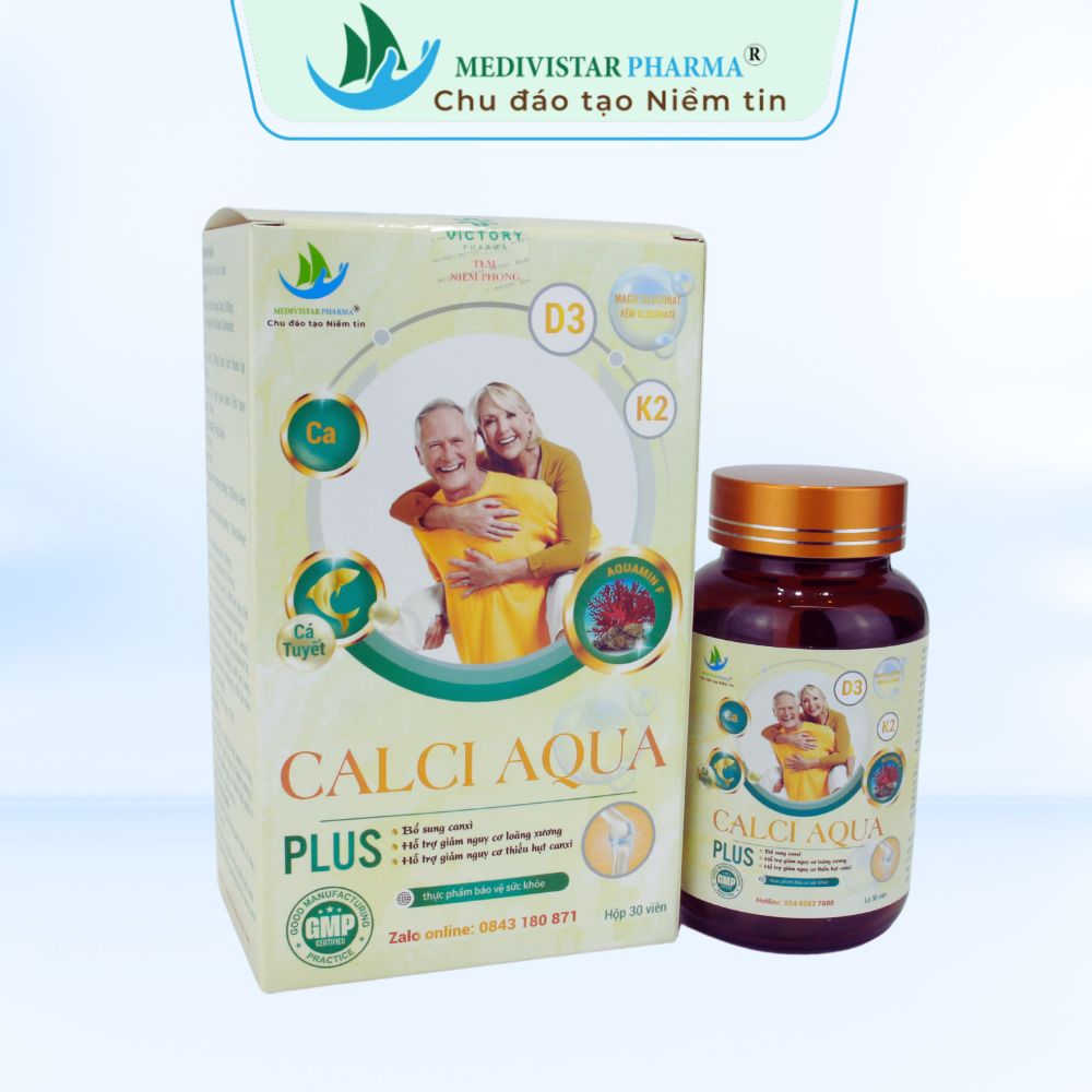 Canxi Calci Aqua Plus Medivistar Pharma, Giúp bổ sung Canxi, Hỗ trợ giảm nguy cơ loãng xương ở người lớn, Hộp 30 viên