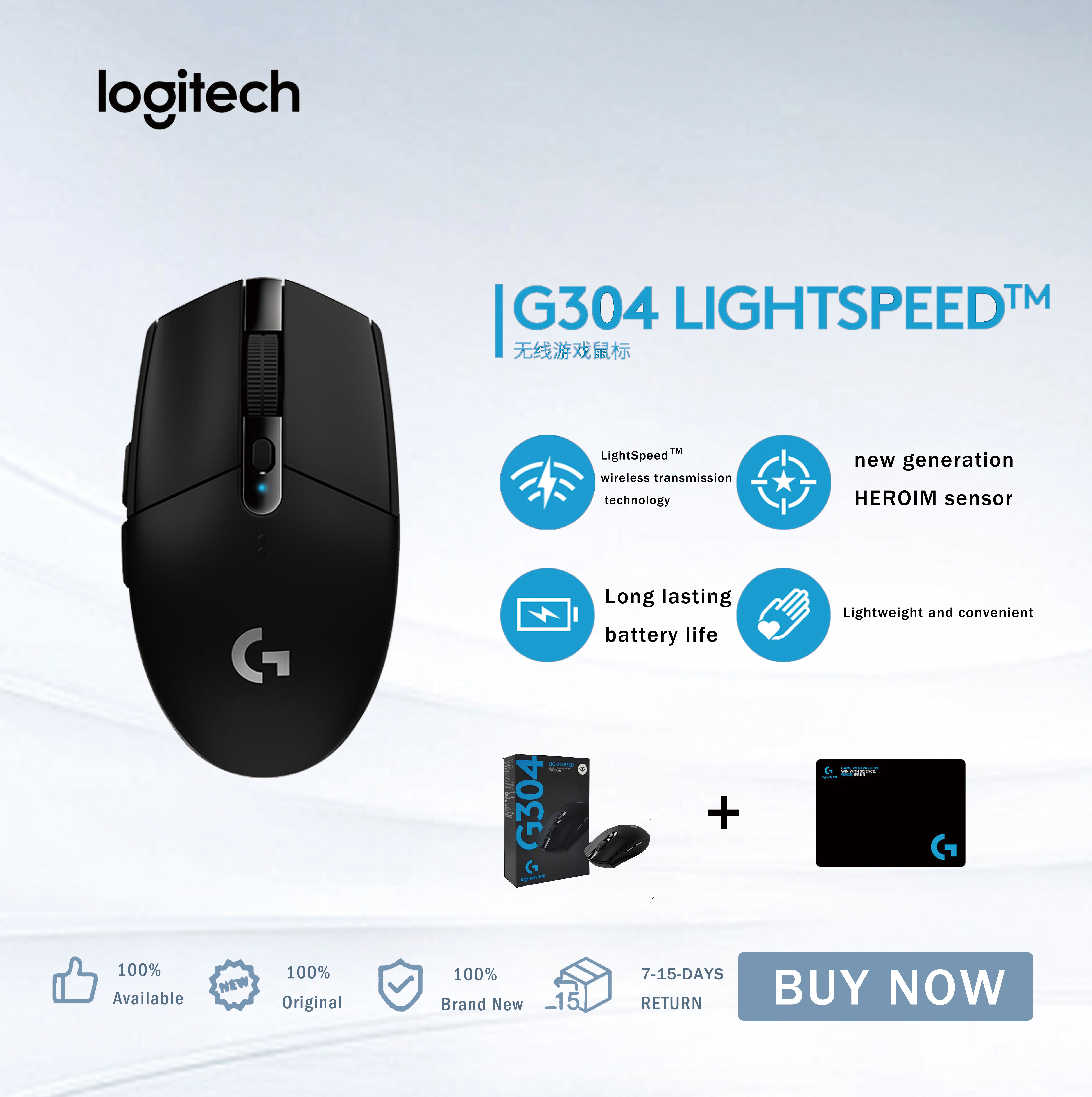 Original Chuột game không dây Lightspeed Logitech G304 - Cảm biến Hero, 12k DPI, nhẹ, 6 nút lập trình, on-board memory, pin 250h