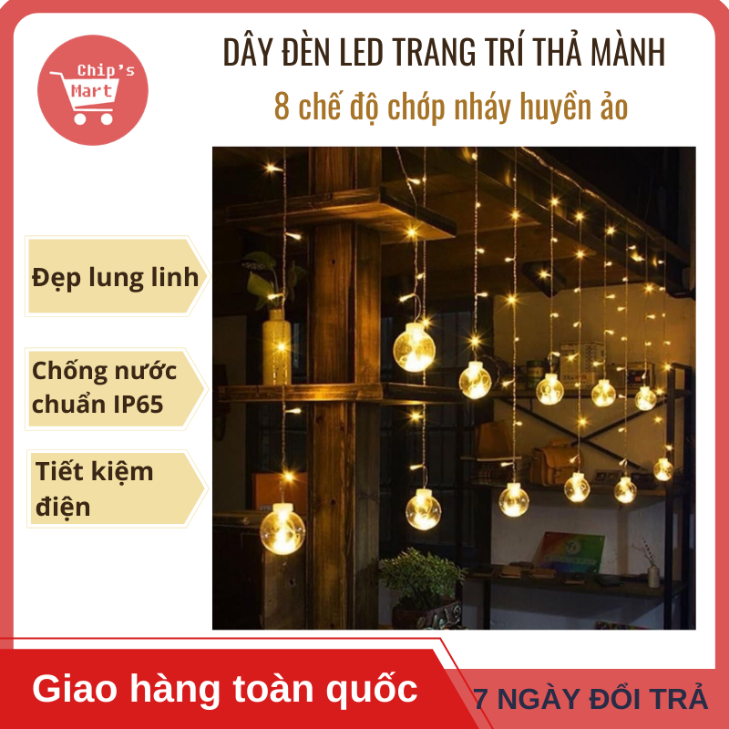 [Siêu Hot] Dây Đèn Led Trang Trí Thả Mành 5M – 8 chế độ chớp nháy – Kháng nước IP65 – Phù hợp trang trí nội, ngoại thất ngày Lễ, Tết, Noel, tiệc sinh nhật, sự kiện, cửa hàng, quán cafe,… đẹp lung linh
