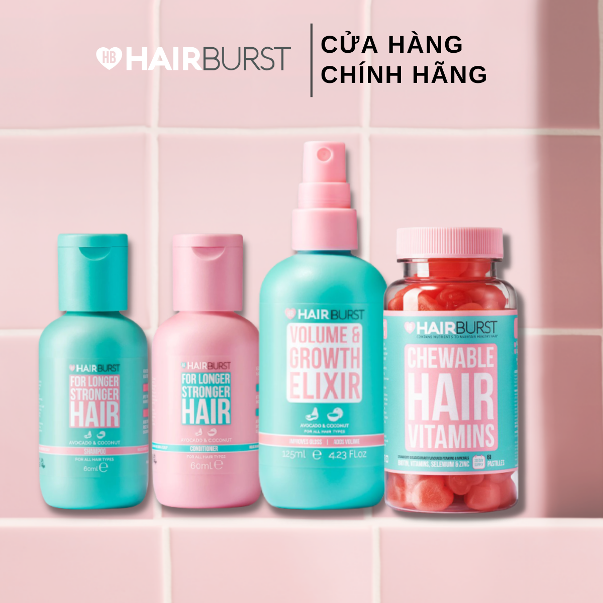 Combo chăm sóc tóc Du lịch set gội xả travel + xịt dưỡng + kẹo dẻo Hairburst 60ml/chai + 125ml + 60 viên