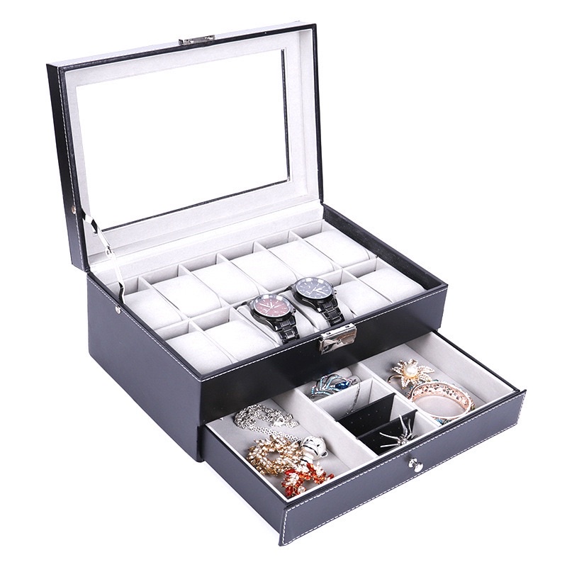 Hộp đựng đồng hồ da, gỗ giá rẻ 2 tầng kèm trang sức cao cấp bọc da pu chống nước