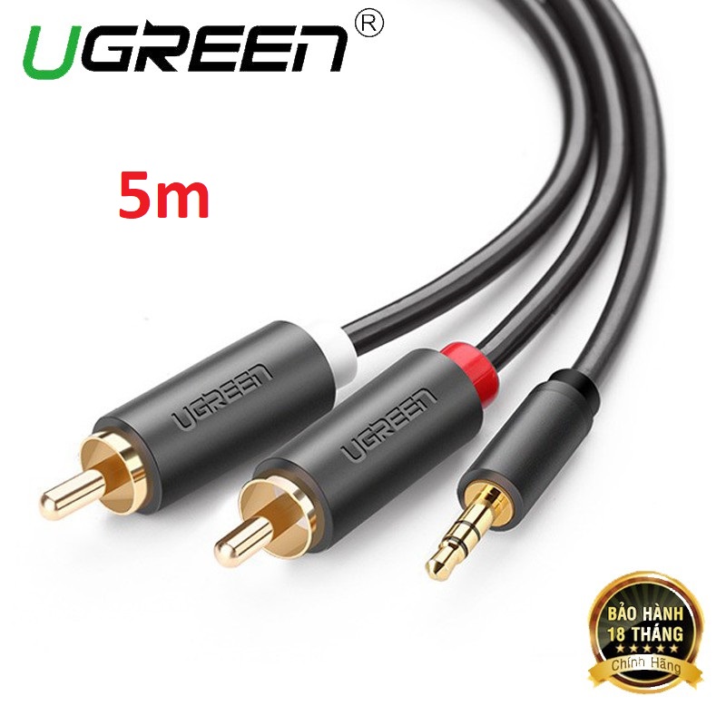 Dây loa 3.5mm sang 2 hoa sen RCA dài 5m đầu mạ vàng cao cấp chính hãng Ugreen 10513