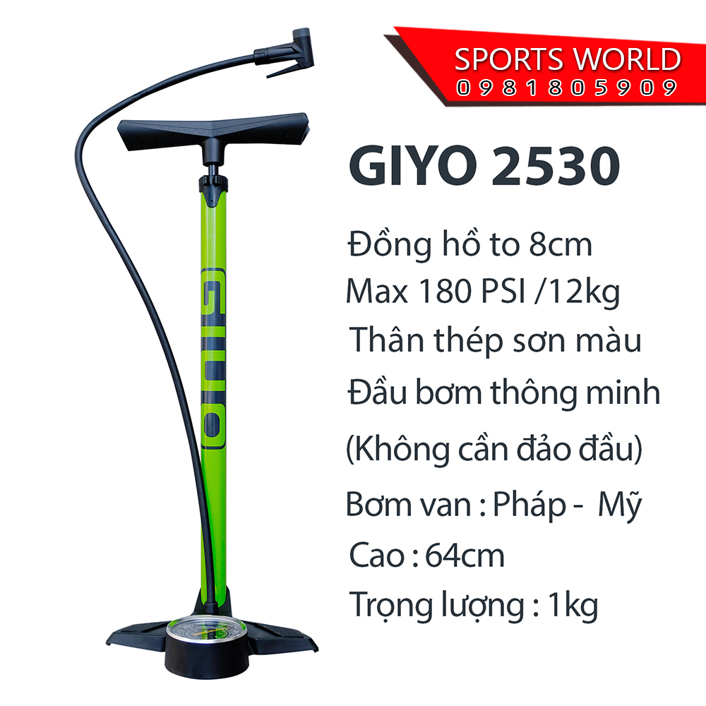 Bơm xe đạp, xe gắn máy 180PSI/12Kg GIYO 2530 thân thép hàng Đài Loan - 2530