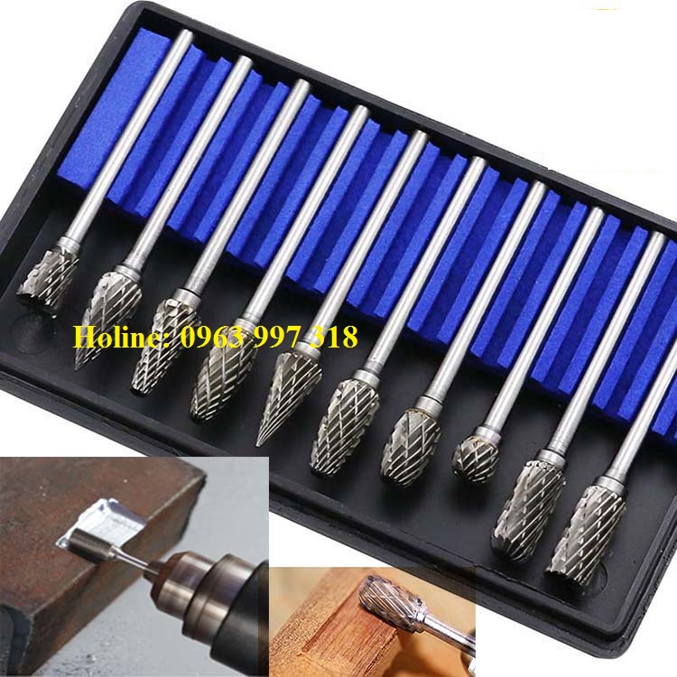 BỘ 10 MŨI MÀI KHẮC LÀM LŨA GỖ, KIM LOẠI BẰNG THÉP HỢP KIM VONFRAM