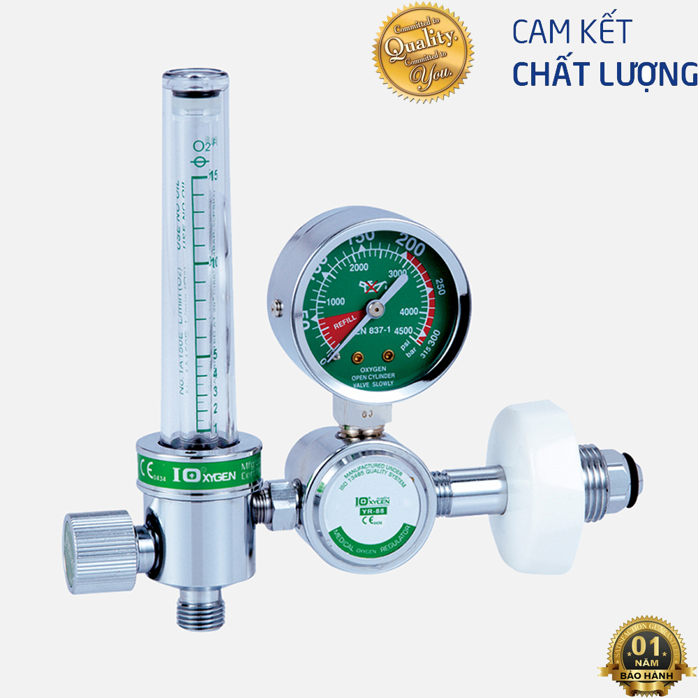 Đồng hồ oxy y tế, bộ van điều áp đồng hồ áp suất khí oxy regulator yr 88, thang đo áp suất bình 0-280kg/cm2, thang đo áp suất ra 0-25 kg/cm2, kết nối đầu ra g3/8" hoặc m14... bảo hành uy tín 12t
