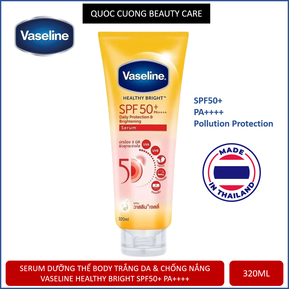 [HCM]Dưỡng thể trắng da chống nắng 5in1 Vaseline Healthy White SPF 50 PA Sun Pollution Protection Concentrated Whitening Serum 320ml