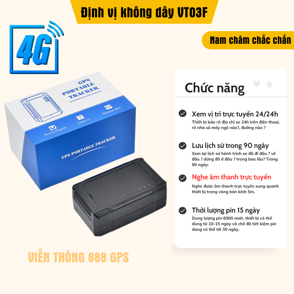 Định vị không dây VT03F 4G, pin 15 ngày, có nghe ân thanh và nam châm hút chặt, theo dõi ô tô xe máy