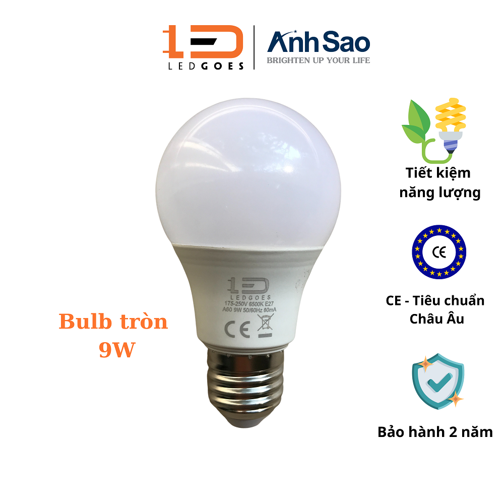 Bóng đèn Led Bulb 9W LEDGOES, Ánh sáng Trắng/Vàng, Đui E27, Siêu sáng tiết kiệm điện, BH 2 năm