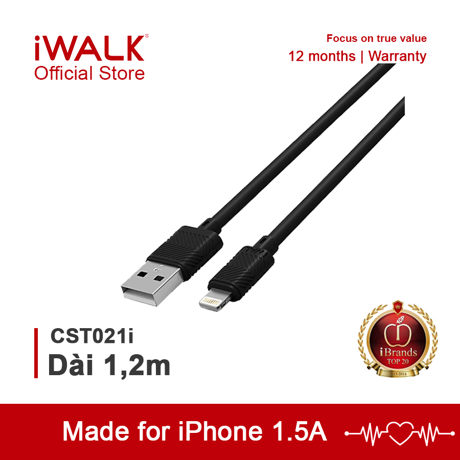 Dây cáp sạc iPhone, cáp sạc nhanh siêu bền - iWALK Twister Edge CST021i tốc độ 1.5A, dài 1m2 dành cho iPhone - Bảo hành Chính Hãng 12 tháng