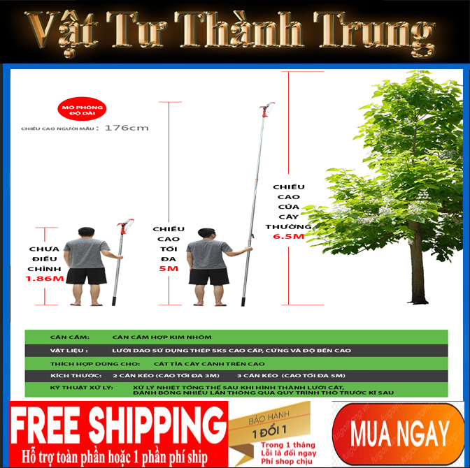 Kéo cắt cành trên cao nhập khẩu Đài Loan dài 5 met giật dây- Kéo hái quả kết hợp cưa cành cây trên cao dài 5m