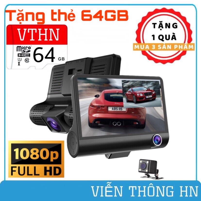[ TẶNG THẺ NHỚ 64GB ] Camera hành trình oto 3 mắt full hd 1080 - camera có thiết kế nhỏ gọn dễ sử dụng lắp đặt nhanh chóng cho ô tô xe hơi