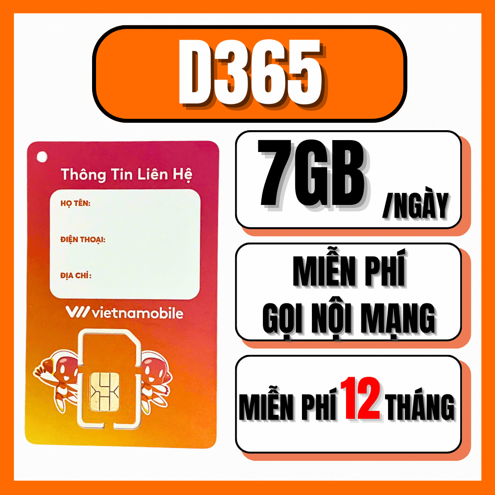 Sim Vietnamobile 4G D365 – 7GB/Ngày ( 210GB/tháng ) Dùng mạng thả ga  – Trọn Gói 12 Tháng Không Nạp Tiền – Giá Chỉ 1K/Ngày . FREESHIP - CHƯA KÍCH HOẠT
