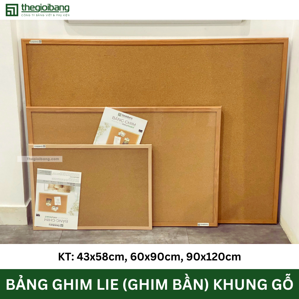 Bảng Ghim Lie (Ghim Bần) Khung Gỗ Tân Hà - Kích Thước 43x58cm, 61x91cm - Tặng Hộp Ghim (60x90cm)